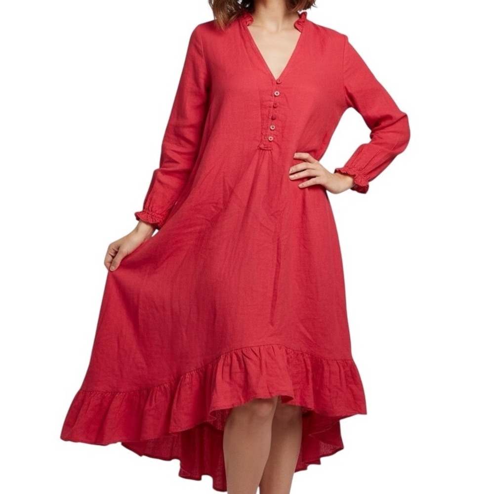 CJ LAING Pink Linen Ruffle V Neck Midi Dress Asymmetrical Hem Size L - Picture 1 of 9